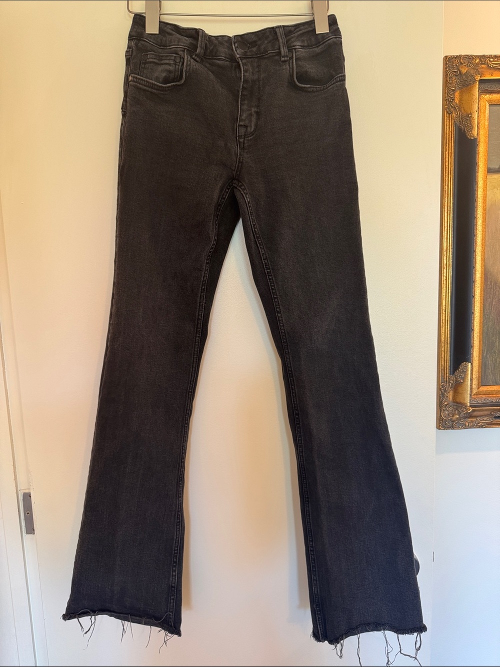 Zara Black High-Rise Flared Jeans with Raw Hem